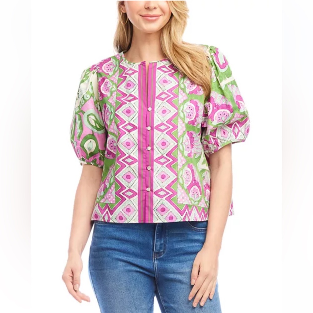 Karen Kane Vibrant Floral Puff Sleeve 100% Cotton Spring Boho Size Small Top - Picture 3 of 16